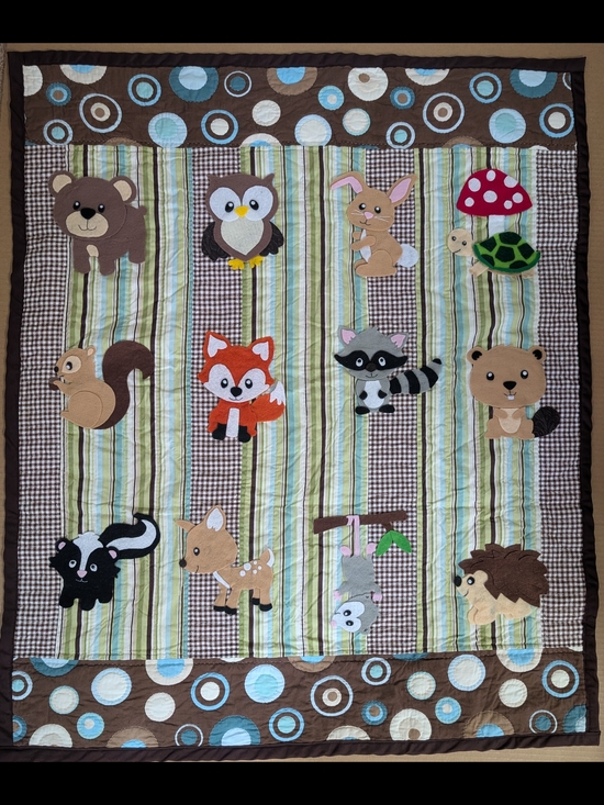 Handmade Other - Handmade 42x34 Woodland Animal Baby Quilt - Brown, Green, Blue